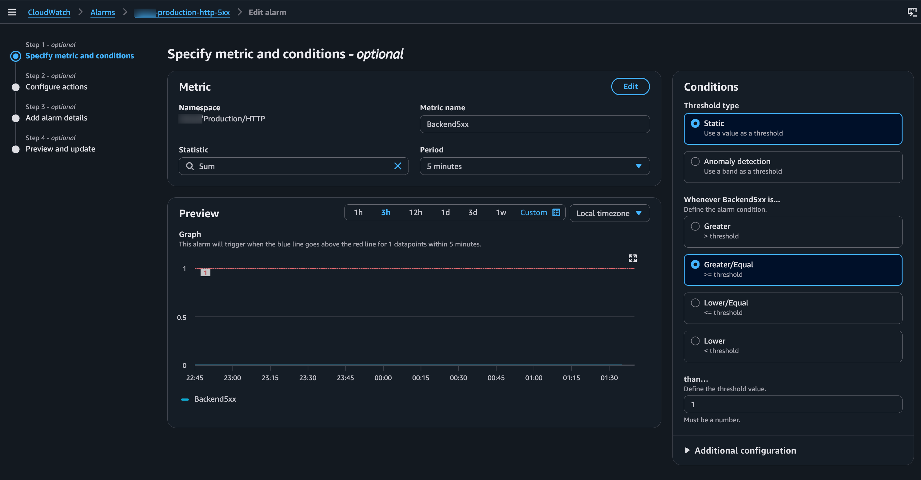 CloudWatch alarm configuration highlighting the 5-minute period and datapoints-to-alarm